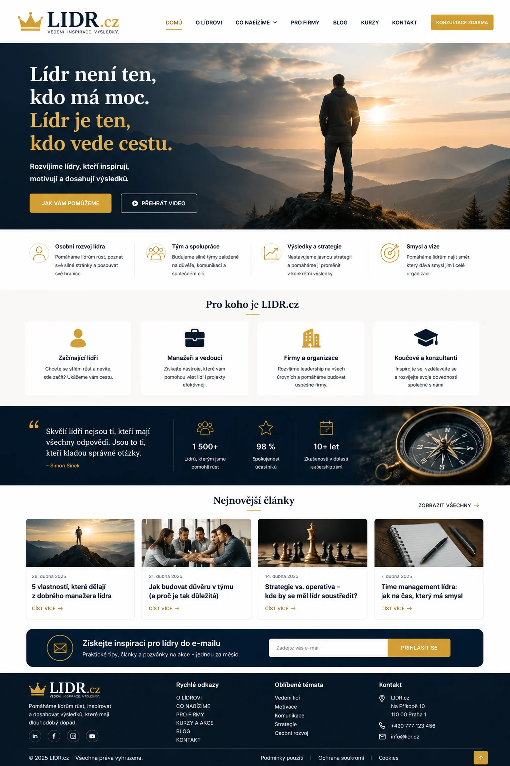 Ilustrační návrh možného webu Lidr.cz pro leadership, vedení týmů a rozvoj manažerů